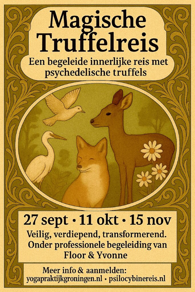 Een flyer van een magische truffelreis. Een groepsreis met psycheledische truffels onder begeleiding. Op 27 september, 11 oktober en 15 november. Volledig verzorgde dag.